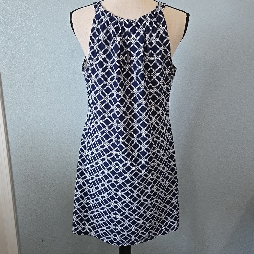 JUDE CONNALLY Sleeveless Halter Mini Dress Navy White Geometric Print Sz LARGE - Picture 6 of 9